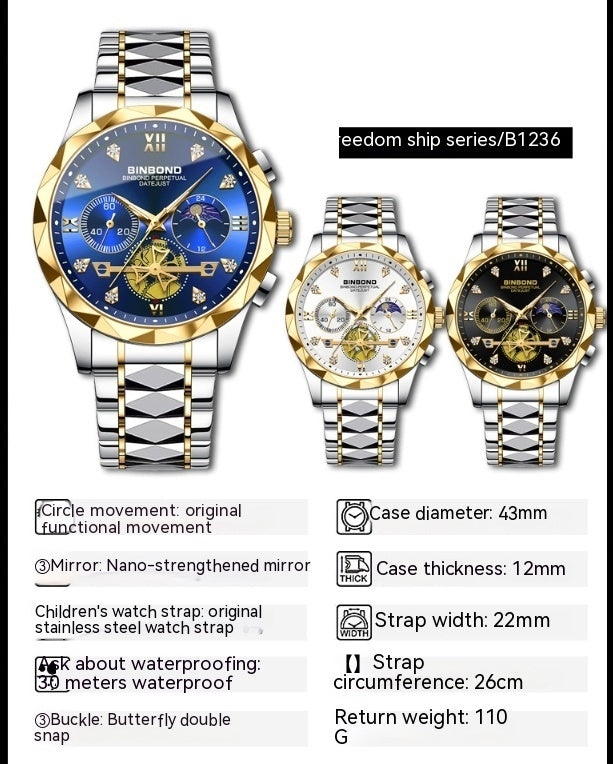 Multifunctional Quartz Watch All-match Six-pin Timing Casual