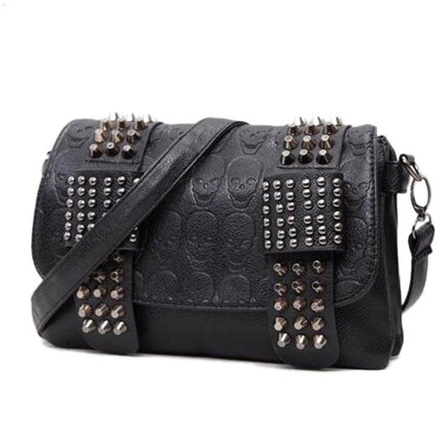 Fashion Women Black Leather Messenger Bags Fashion Vintage Messenger Cool Skull Rivets Shoulder Bags