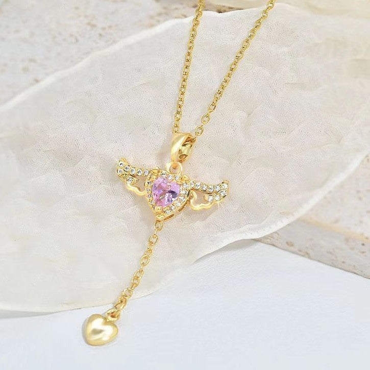 Moving Cupid Heart Angel Wings Tassel Necklace With Crystal Clavicle Chain Women Jewelry Gift Valentine's Day