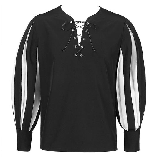 Retro Color Matching Lace Up Collar Shirt Clothing For Women